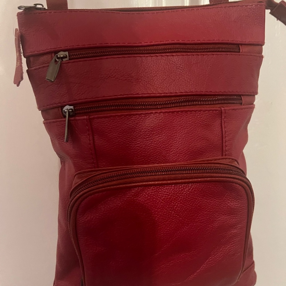 Red Leather Crossbody Bag with Multiple Pockets